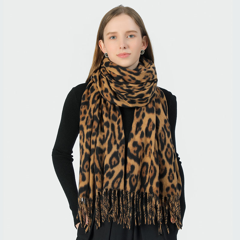 Stylish Animal Print Scarf - Warm Fall/Winter Shawl with Tassels, Imitation Cashmere(Khaki) V888-ELOSUNG25441