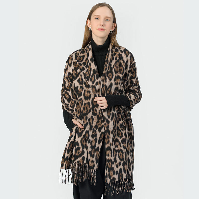Stylish Animal Print Scarf - Warm Fall/Winter Shawl with Tassels, Imitation Cashmere(Khaki) V888-ELOSUNG25441