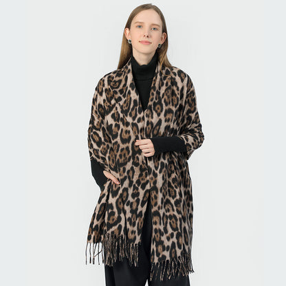 Stylish Animal Print Scarf - Warm Fall/Winter Shawl with Tassels, Imitation Cashmere(Khaki) V888-ELOSUNG25441