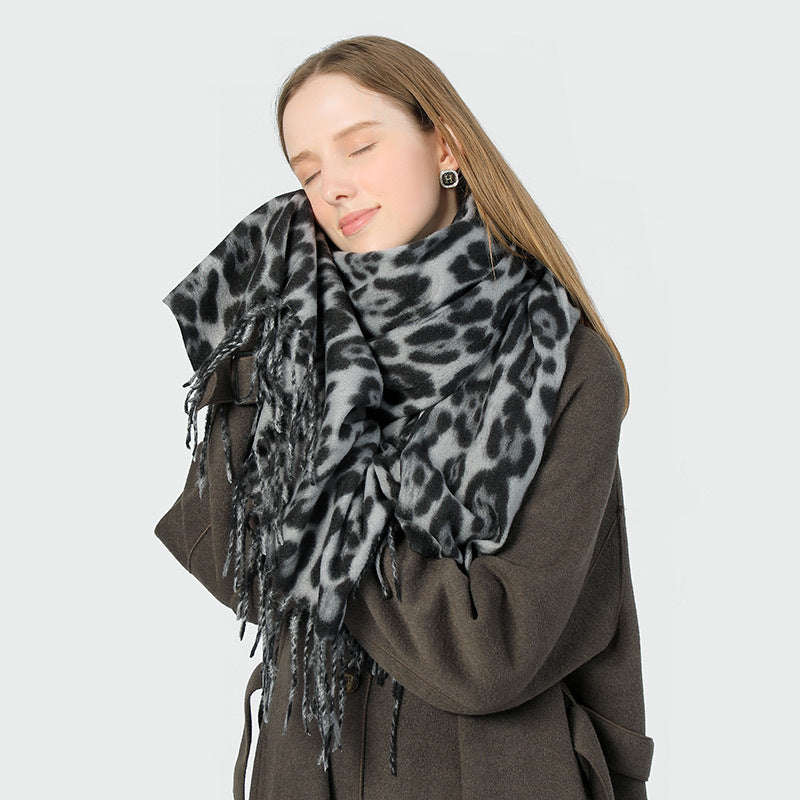 Stylish Animal Print Scarf - Warm Fall/Winter Shawl with Tassels, Imitation Cashmere(Khaki) V888-ELOSUNG25441
