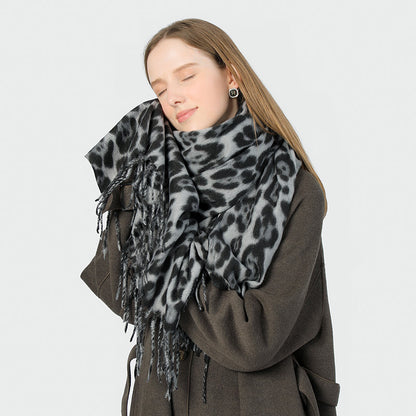 Stylish Animal Print Scarf - Warm Fall/Winter Shawl with Tassels, Imitation Cashmere(Khaki) V888-ELOSUNG25441