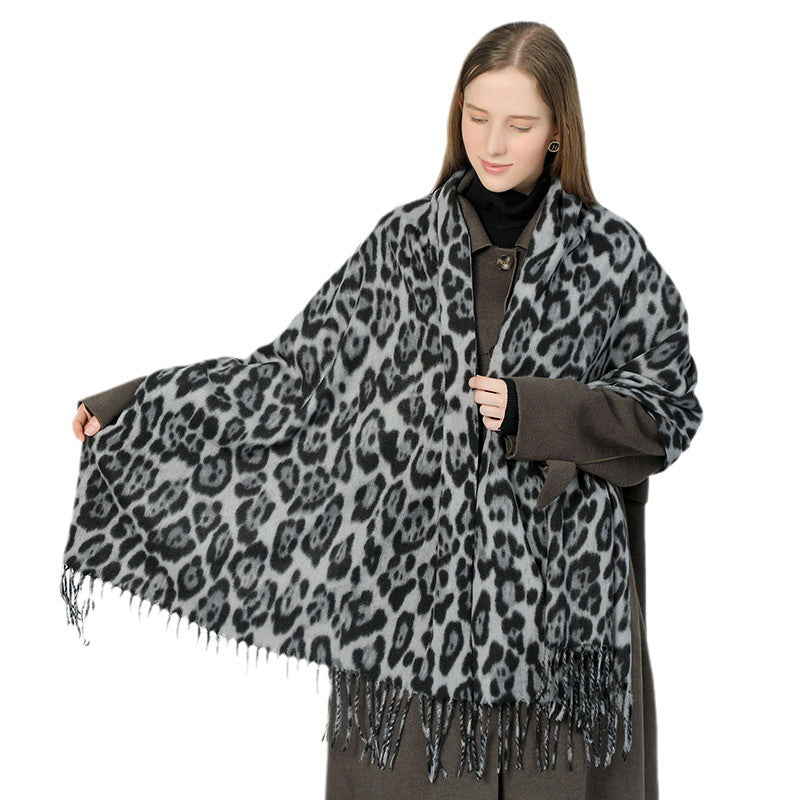 Stylish Animal Print Scarf - Warm Fall/Winter Shawl with Tassels, Imitation Cashmere(Khaki) V888-ELOSUNG25441