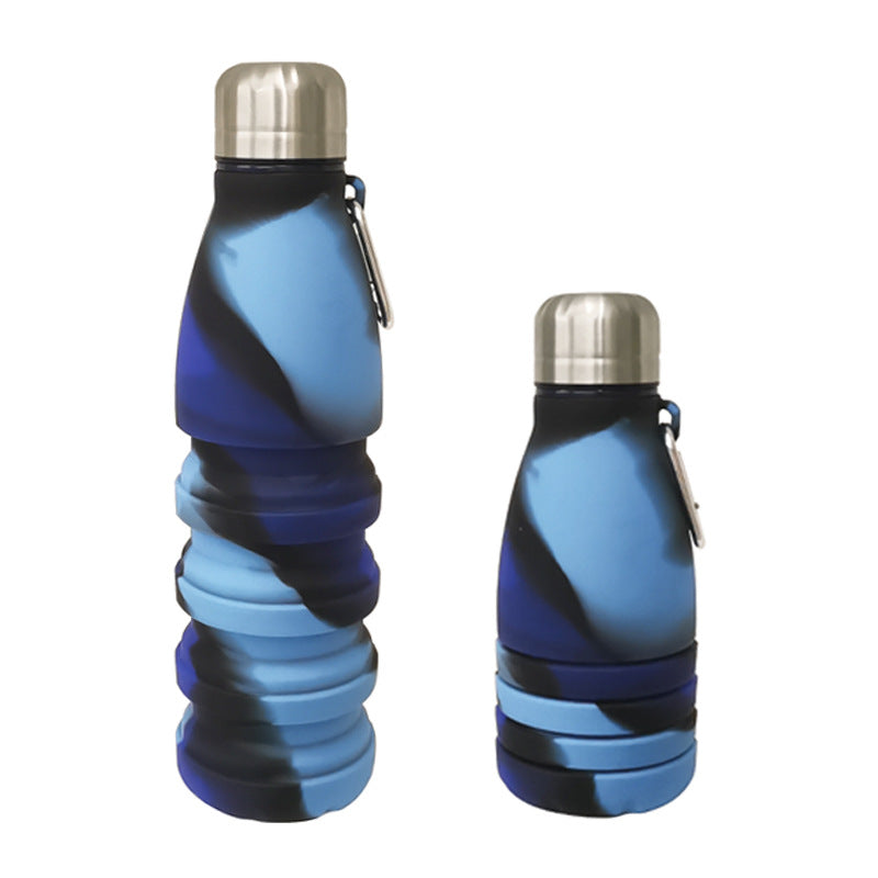 Camouflage blue Collapsible Silicone Water Bottle - Portable Sports Hydration Flask with Carabiner, V888-ELOSUNG25454