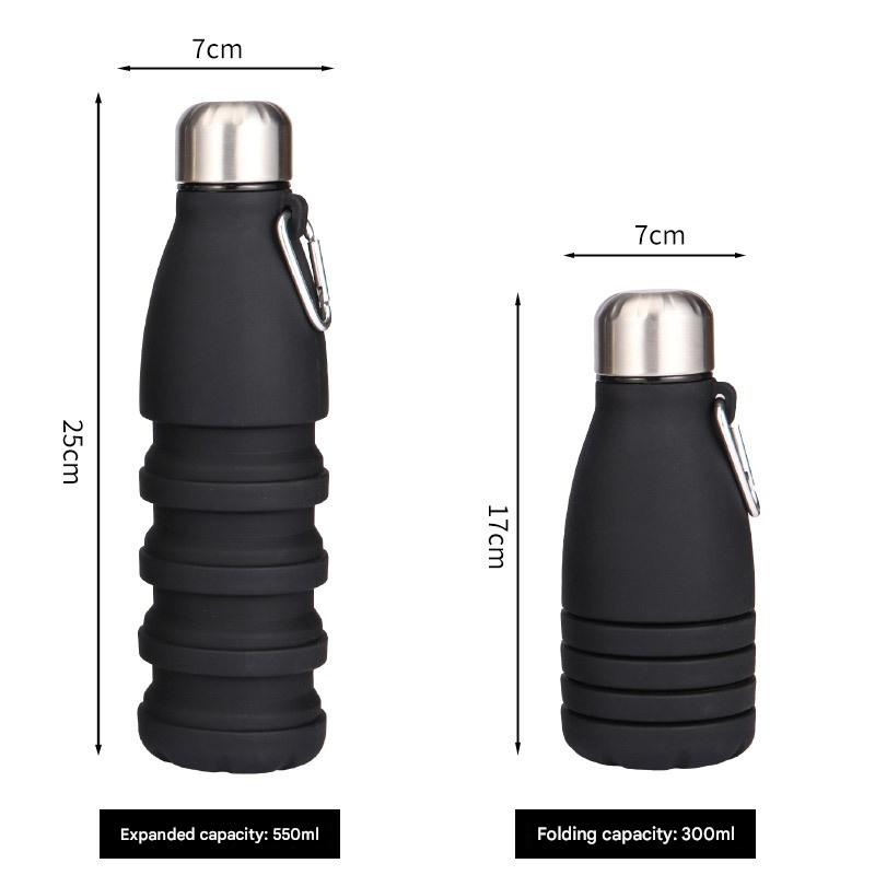 Black Collapsible Silicone Water Bottle - Portable Sports Hydration Flask with Carabiner, 550ml/300ml V888-ELOSUNG25458