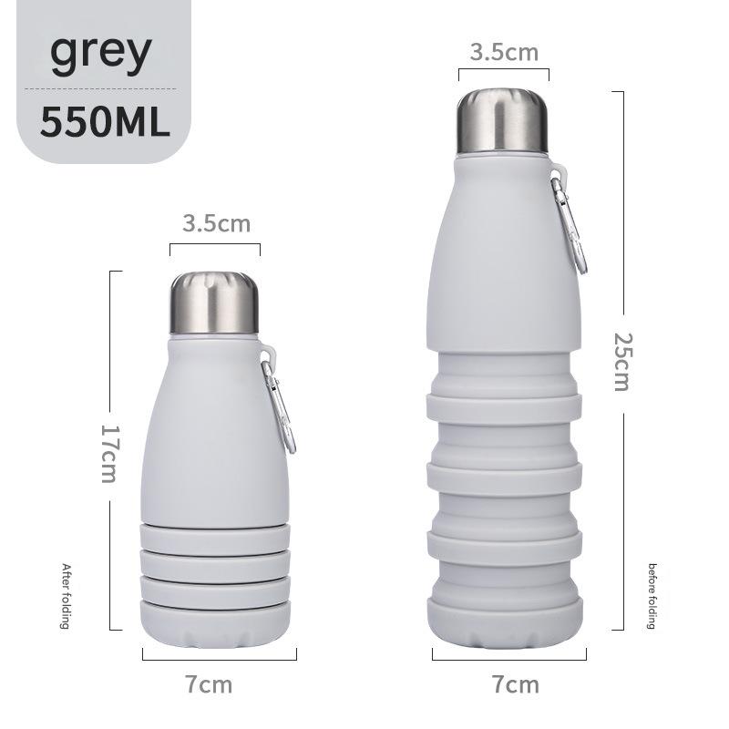 Gray Collapsible Silicone Water Bottle - Portable Sports Hydration Flask with Carabiner, 550ml/300ml V888-ELOSUNG25459