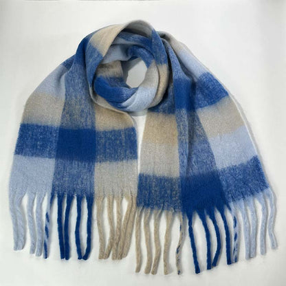 Winter Luxe Warm Oversized Scarf-Cozy Thick Plaid Wrap, European Chic Style(Dark blue plaid) V888-ELOSUNG25475