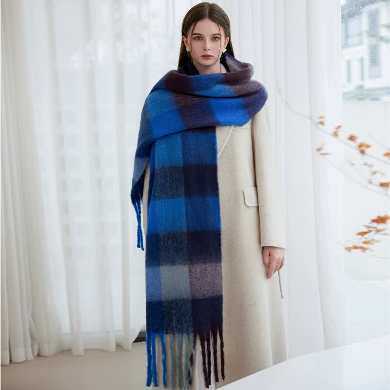 Winter Luxe Warm Oversized Scarf-Cozy Thick Plaid Wrap, European Chic Style(Powder blue plaid) V888-ELOSUNG25478