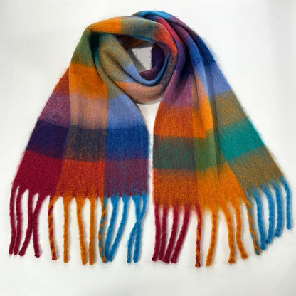 Winter Luxe Warm Oversized Scarf-Cozy Thick Plaid Wrap, European Chic Style(Orange-blue plaid) V888-ELOSUNG25479