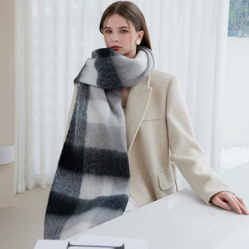 Winter Luxe Warm Oversized Scarf-Cozy Thick Plaid Wrap, European Chic Style(Light blue plaid) V888-ELOSUNG25480