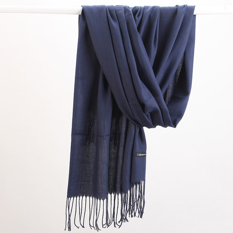 2pc Luxe Soft Imitation Cashmere Scarf - Warm Solid Tone Shawl with Elegant Fringe(Navy blue) V888-ELOSUNG25494