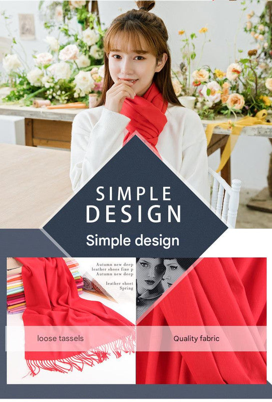 2pc Luxe Soft Imitation Cashmere Scarf - Warm Solid Tone Shawl with Elegant Fringe(Red Bean Paste Powder) V888-ELOSUNG25496