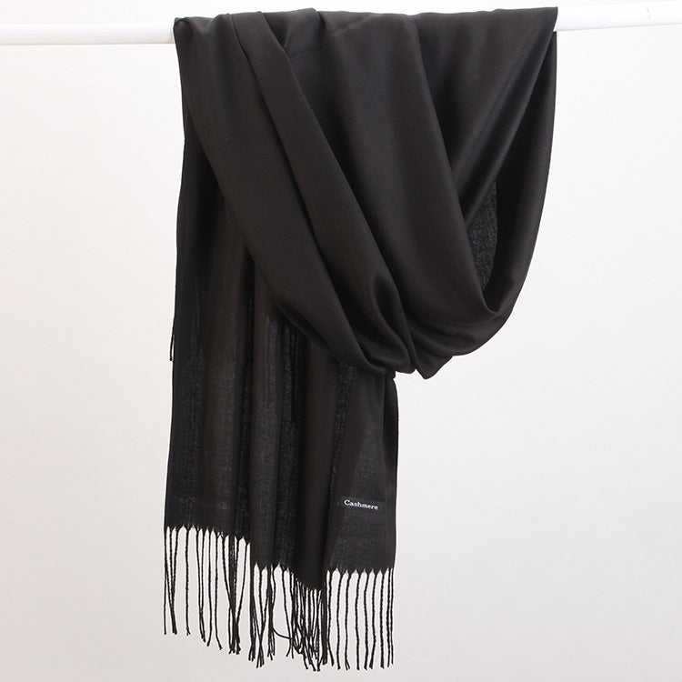 2pc Luxe Soft Imitation Cashmere Scarf - Warm Solid Tone Shawl with Elegant Fringe(Pure black) V888-ELOSUNG25497