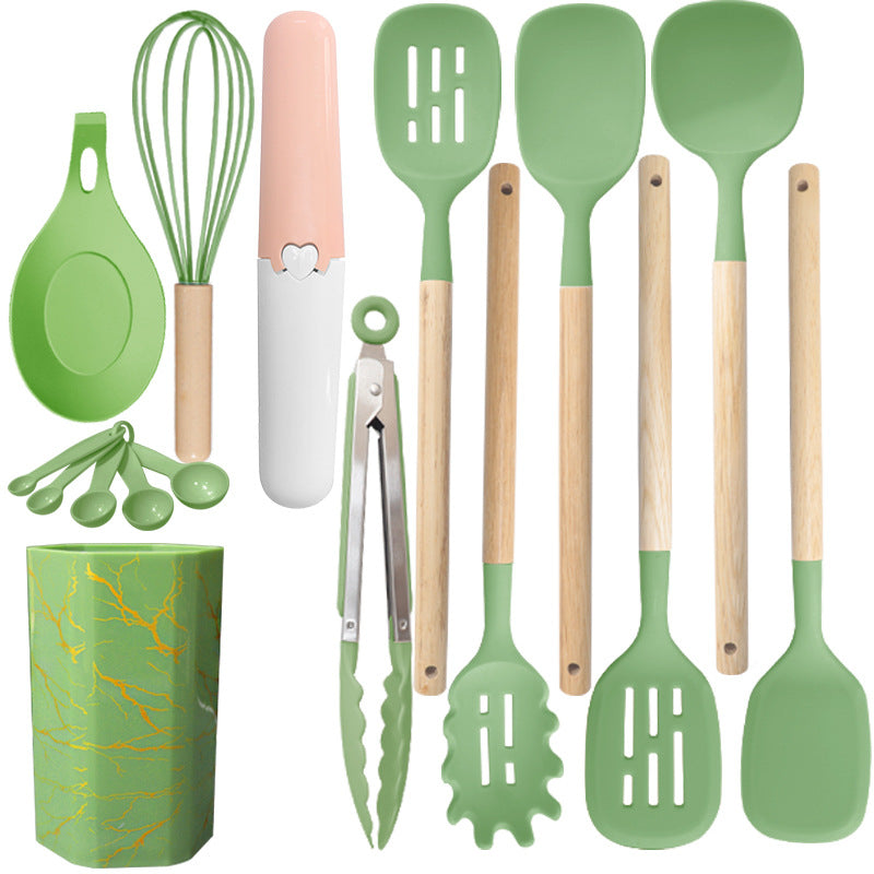 Bamboo Leaf Green 12-Piece Silicone Cooking Utensil Set - Non-Stick Food-Grade Kitchen Tools with Holder V888-ELOSUNG25508