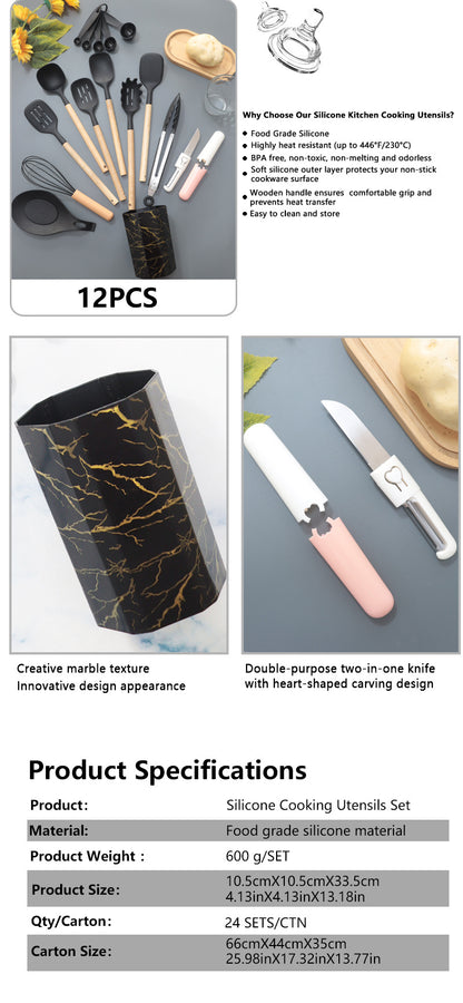Bamboo Leaf Green 12-Piece Silicone Cooking Utensil Set - Non-Stick Food-Grade Kitchen Tools with Holder V888-ELOSUNG25508