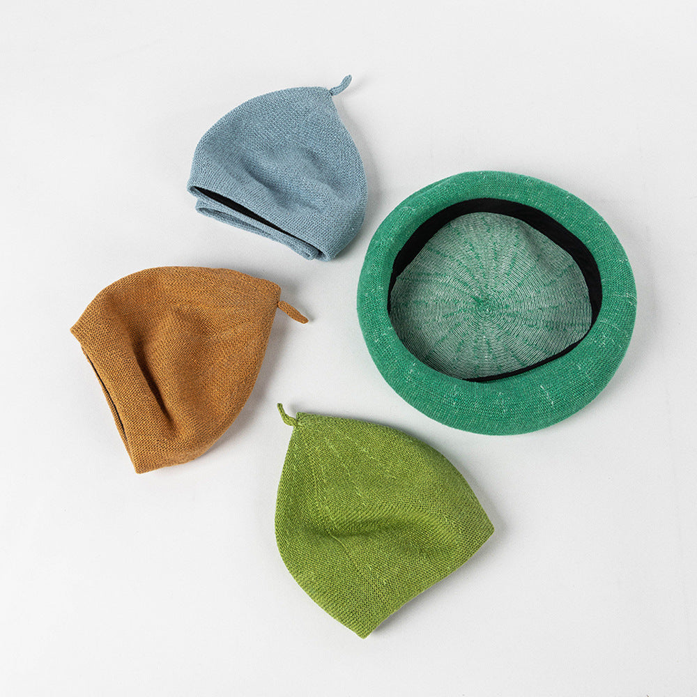 Beige green Linen Knit Beret - Classic Soft and Stylish Headwear V888-ELOSUNG25515