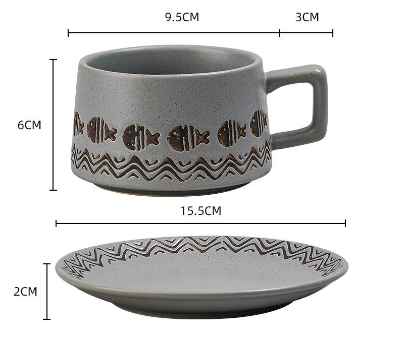 Vintage Ceramic Coffee Cup and Saucer Set - Elegant Afternoon Tea Set(Wave Fish Gray) V888-ELOSUNG25527
