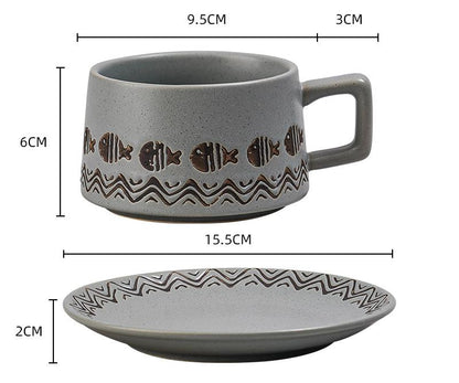 Vintage Ceramic Coffee Cup and Saucer Set - Elegant Afternoon Tea Set(Wave Fish Gray) V888-ELOSUNG25527