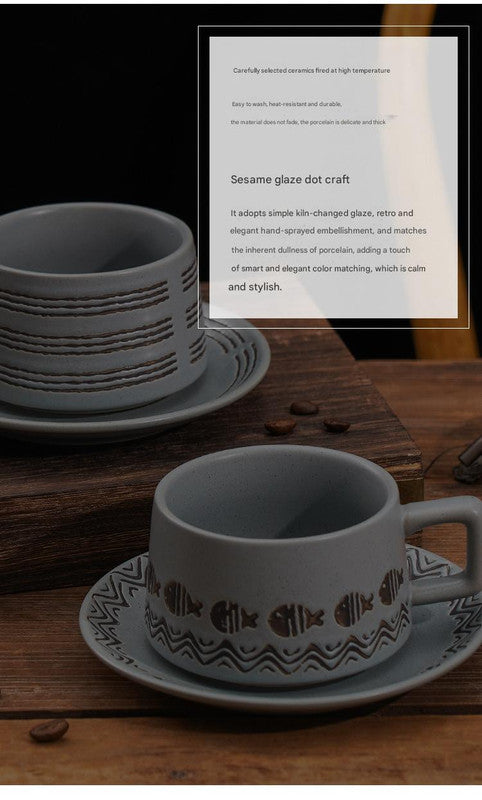 Vintage Ceramic Coffee Cup and Saucer Set - Elegant Afternoon Tea Set(Wave Fish Gray) V888-ELOSUNG25527