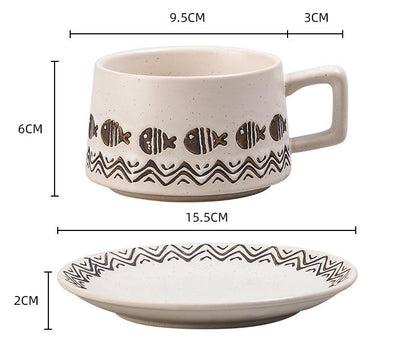 Vintage Ceramic Coffee Cup and Saucer Set - Elegant Afternoon Tea Set(Wave Fish White) V888-ELOSUNG25528