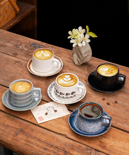 Vintage Ceramic Coffee Cup and Saucer Set - Elegant Afternoon Tea Set(Wave Pattern Gray) V888-ELOSUNG25529