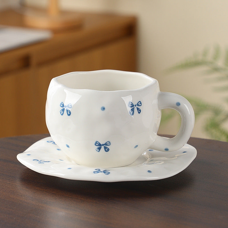 Hand-Painted Ceramic Coffee Cup and Saucer Set - Vintage Afternoon Tea(Blue bow) V888-ELOSUNG25530