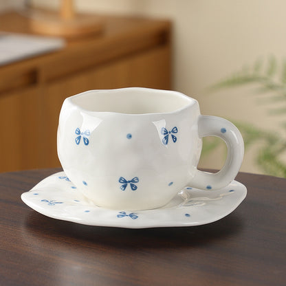 Hand-Painted Ceramic Coffee Cup and Saucer Set - Vintage Afternoon Tea(Blue bow) V888-ELOSUNG25530