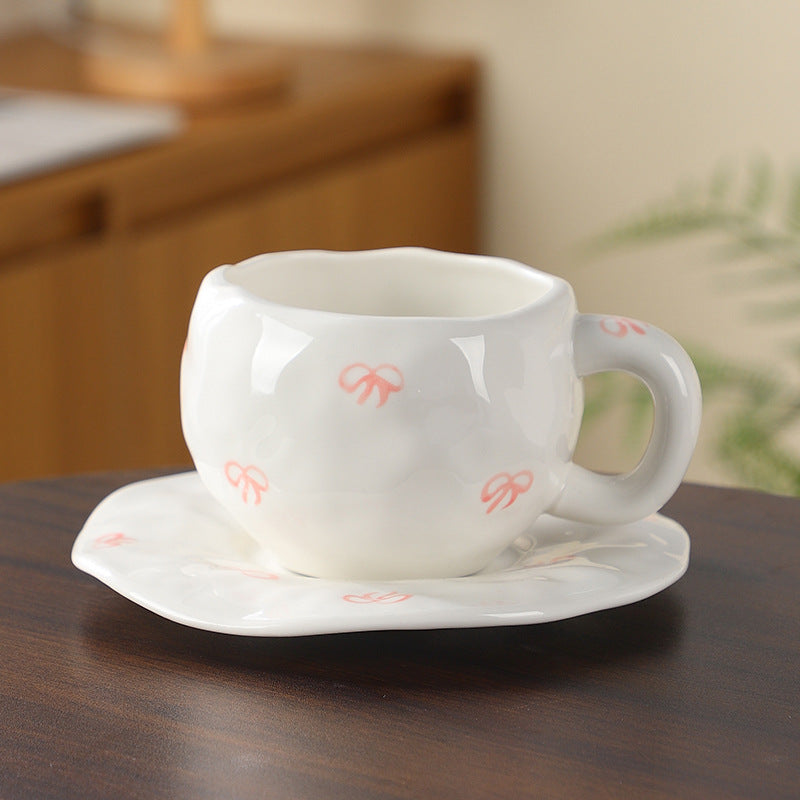 Hand-Painted Ceramic Coffee Cup and Saucer Set - Vintage Afternoon Tea(Pink bow) V888-ELOSUNG25531