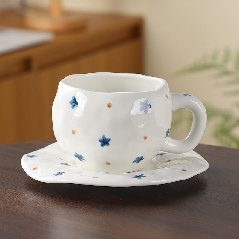 Hand-Painted Ceramic Coffee Cup and Saucer Set - Vintage Afternoon Tea(Blue five-pointed star) V888-ELOSUNG25532