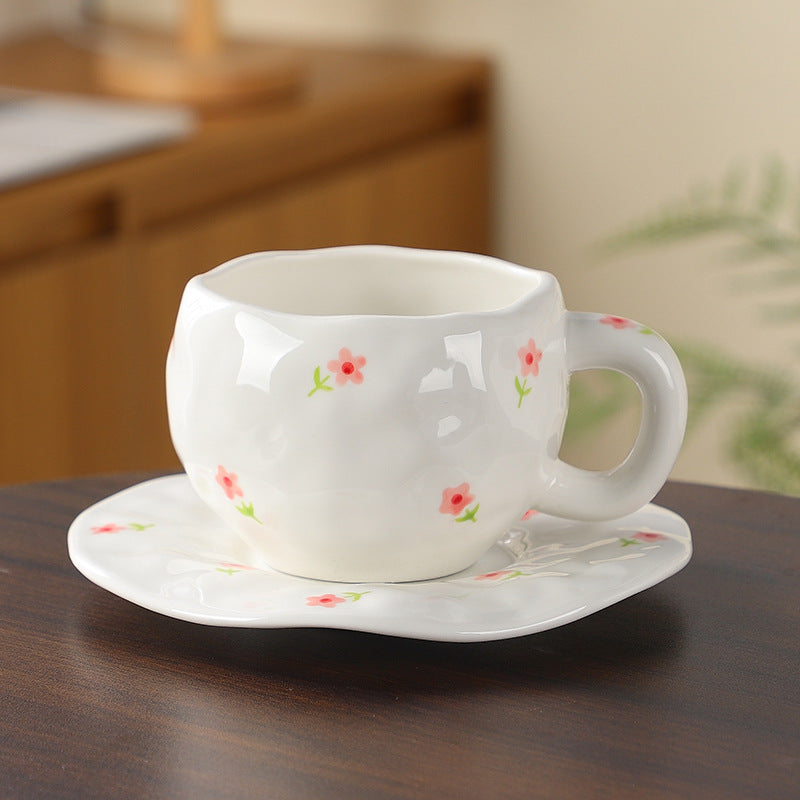 Hand-Painted Ceramic Coffee Cup and Saucer Set - Vintage Afternoon Tea(Red small florals) V888-ELOSUNG25534