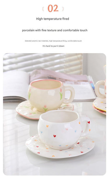 Hand-Painted Ceramic Coffee Cup and Saucer Set - Vintage Afternoon Tea(Red sunflowers) V888-ELOSUNG25535