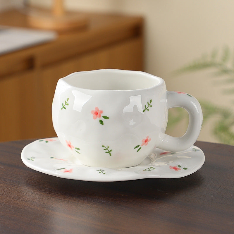 Hand-Painted Ceramic Coffee Cup and Saucer Set - Vintage Afternoon Tea(Red small floral branches) V888-ELOSUNG25536