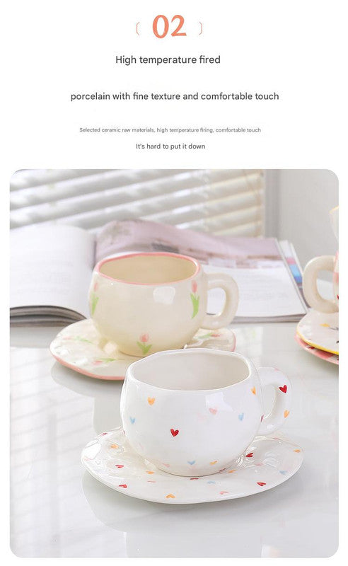 Hand-Painted Ceramic Coffee Cup and Saucer Set - Vintage Afternoon Tea(Red small floral branches) V888-ELOSUNG25536