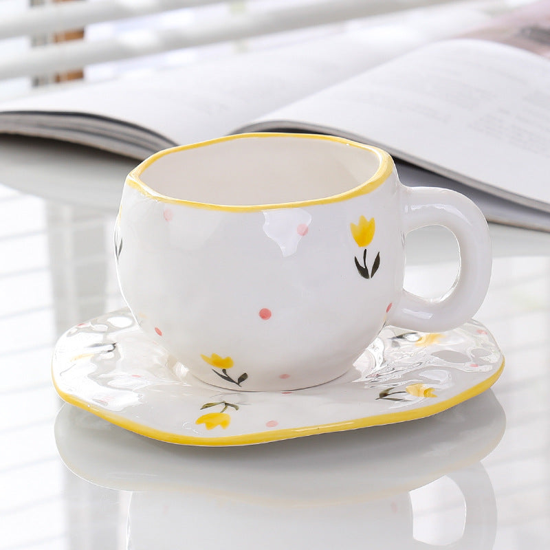 Hand-Painted Ceramic Coffee Cup and Saucer Set - Vintage Afternoon Tea(Small yellow flowers) V888-ELOSUNG25537
