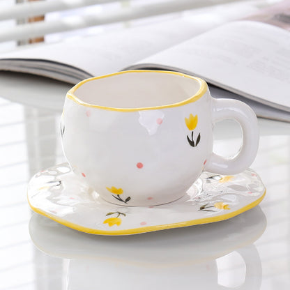 Hand-Painted Ceramic Coffee Cup and Saucer Set - Vintage Afternoon Tea(Small yellow flowers) V888-ELOSUNG25537