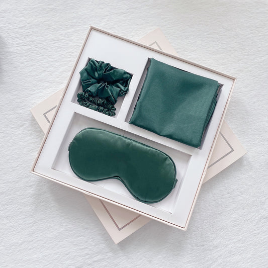 Luxury Satin Sleep Mask Gift Set,4-Piece with Pillowcase and Hair Accessories(Dark green) V888-ELOSUNG25538