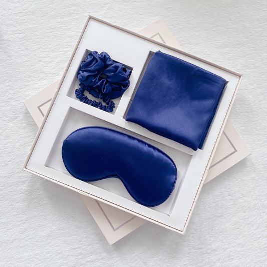 Luxury Satin Sleep Mask Gift Set,4-Piece with Pillowcase and Hair Accessories(Navy blue) V888-ELOSUNG25539