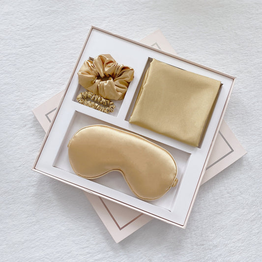 Luxury Satin Sleep Mask Gift Set,4-Piece with Pillowcase and Hair Accessories(Gold) V888-ELOSUNG25542