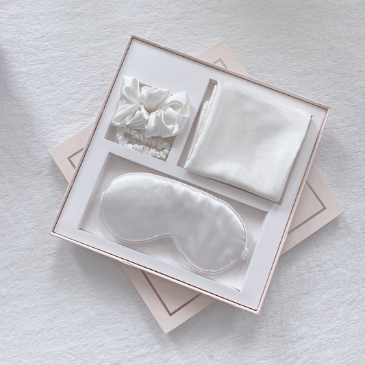 Luxury Satin Sleep Mask Gift Set,4-Piece with Pillowcase and Hair Accessories(White) V888-ELOSUNG25543