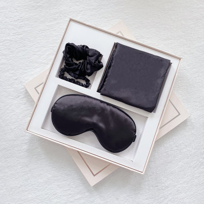 Luxury Satin Sleep Mask Gift Set,4-Piece with Pillowcase and Hair Accessories(Black) V888-ELOSUNG25545