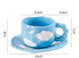 Hand-Painted Ceramic Coffee Mug and Saucer Set - Whimsical Afternoon Tea Cup with Spoon(Blue sky and white V888-ELOSUNG25553