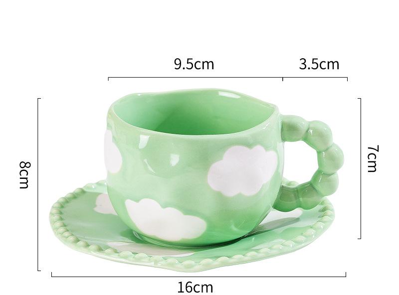 Hand-Painted Ceramic Coffee Mug and Saucer Set - Whimsical Afternoon Tea Cup with Spoon(White cloud-green) V888-ELOSUNG25554
