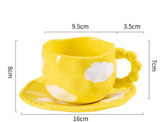 Hand-Painted Ceramic Coffee Mug and Saucer Set - Whimsical Afternoon Tea Cup with Spoon(White cloud-yellow) V888-ELOSUNG25555