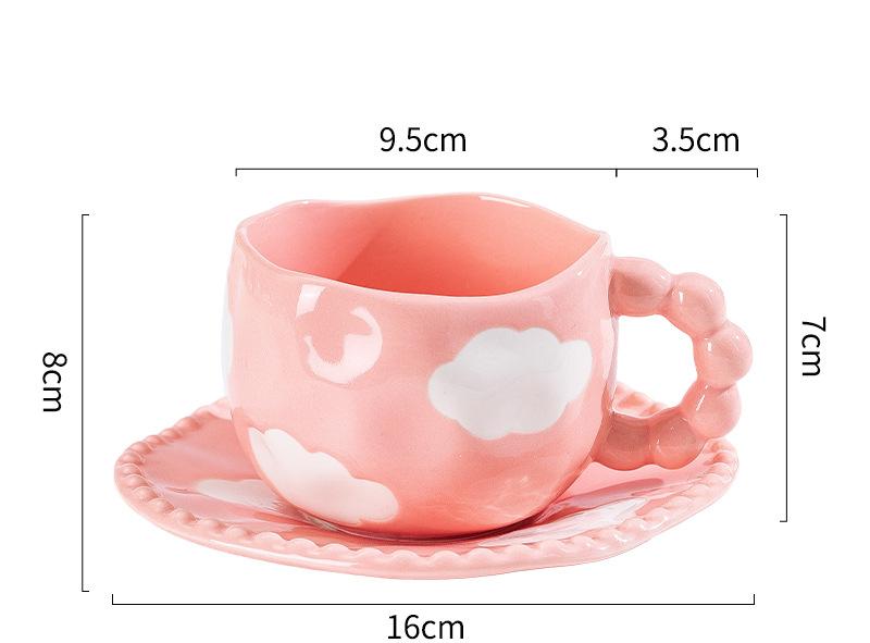 Hand-Painted Ceramic Coffee Mug and Saucer Set - Whimsical Afternoon Tea Cup with Spoon(White cloud-pink) V888-ELOSUNG25556