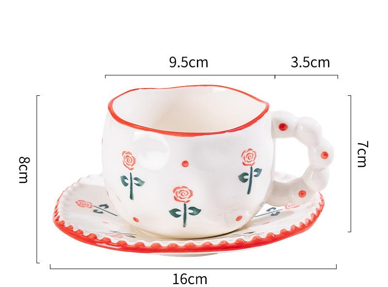 Hand-Painted Ceramic Coffee Mug and Saucer Set - Whimsical Afternoon Tea Cup with Spoon(Red rose) V888-ELOSUNG25557