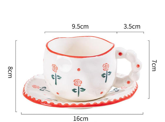 Hand-Painted Ceramic Coffee Mug and Saucer Set - Whimsical Afternoon Tea Cup with Spoon(Red rose) V888-ELOSUNG25557