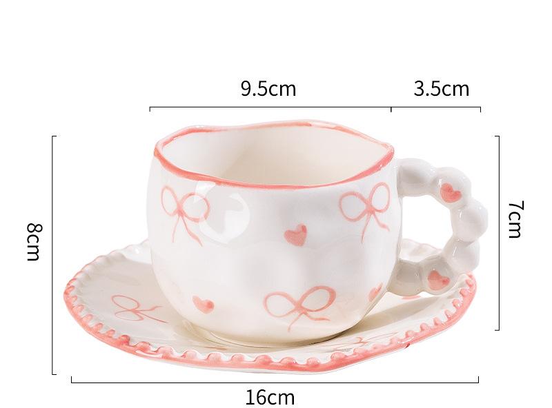Hand-Painted Ceramic Coffee Mug and Saucer Set - Whimsical Afternoon Tea Cup with Spoon(Pink-edged bow) V888-ELOSUNG25558