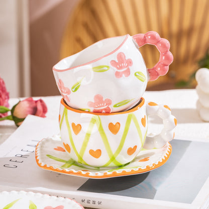 Hand-Painted Ceramic Coffee Mug and Saucer Set - Whimsical Afternoon Tea Cup with Spoon(Pink-edged bow) V888-ELOSUNG25558