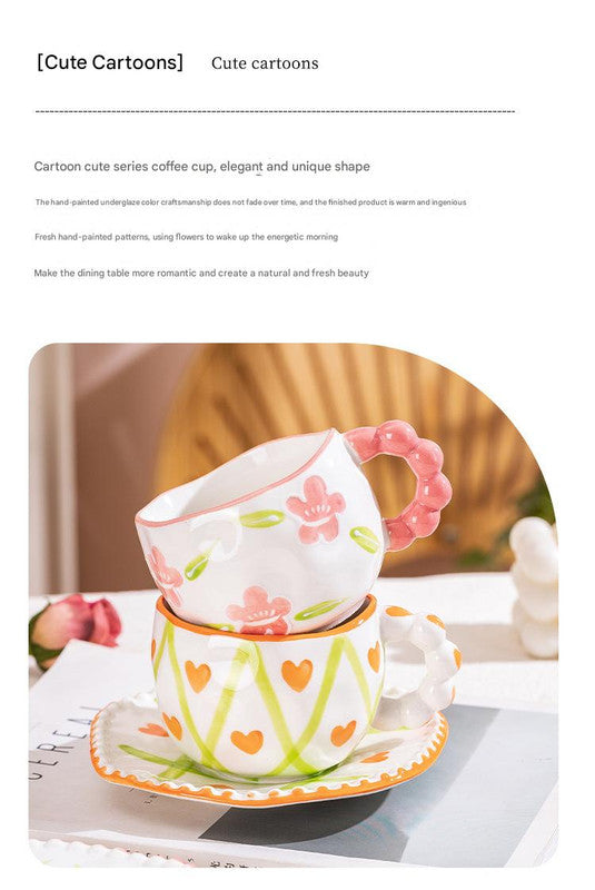 Hand-Painted Ceramic Coffee Mug and Saucer Set - Whimsical Afternoon Tea Cup with Spoon(Pink-edged bow) V888-ELOSUNG25558