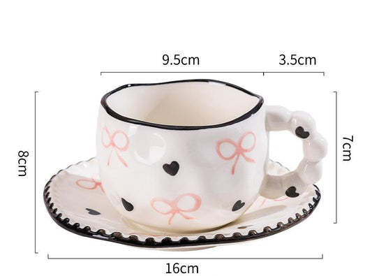 Hand-Painted Ceramic Coffee Mug and Saucer Set - Whimsical Afternoon Tea Cup with Spoon(Black-edged bow) V888-ELOSUNG25559