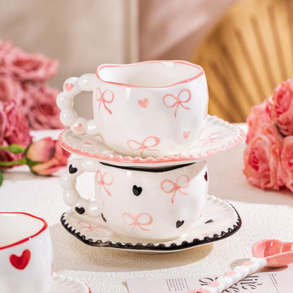 Hand-Painted Ceramic Coffee Mug and Saucer Set - Whimsical Afternoon Tea Cup with Spoon(Black-edged bow) V888-ELOSUNG25559